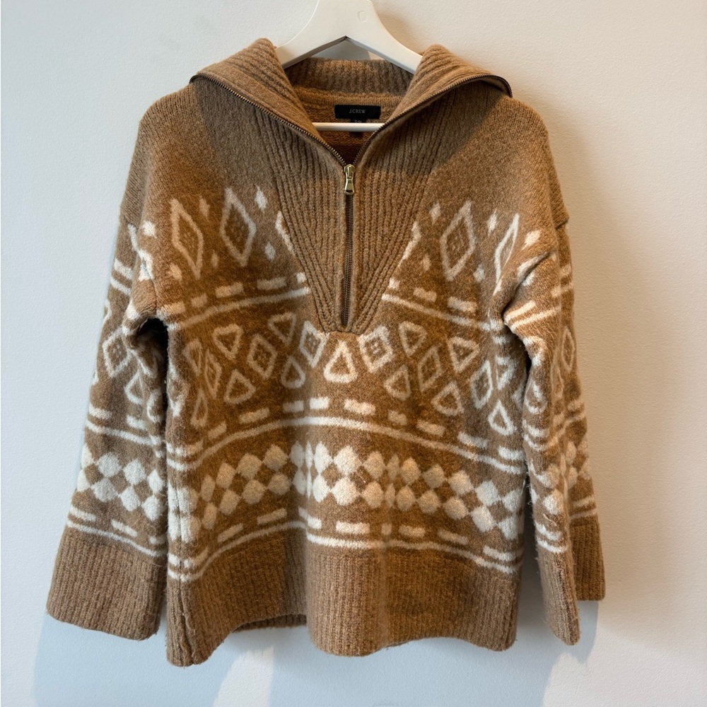 JCrew Fait Isle Sailor Zip Collar Sweater Camel S/M
